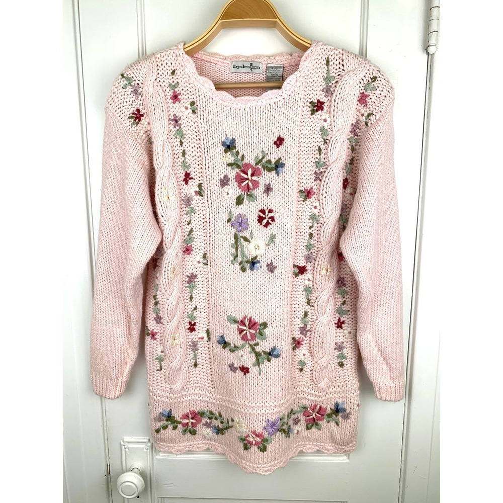 Vintage 80s Pink Embroidered Cottagecore Knit Sweater L Shabby Chic Boho Floral